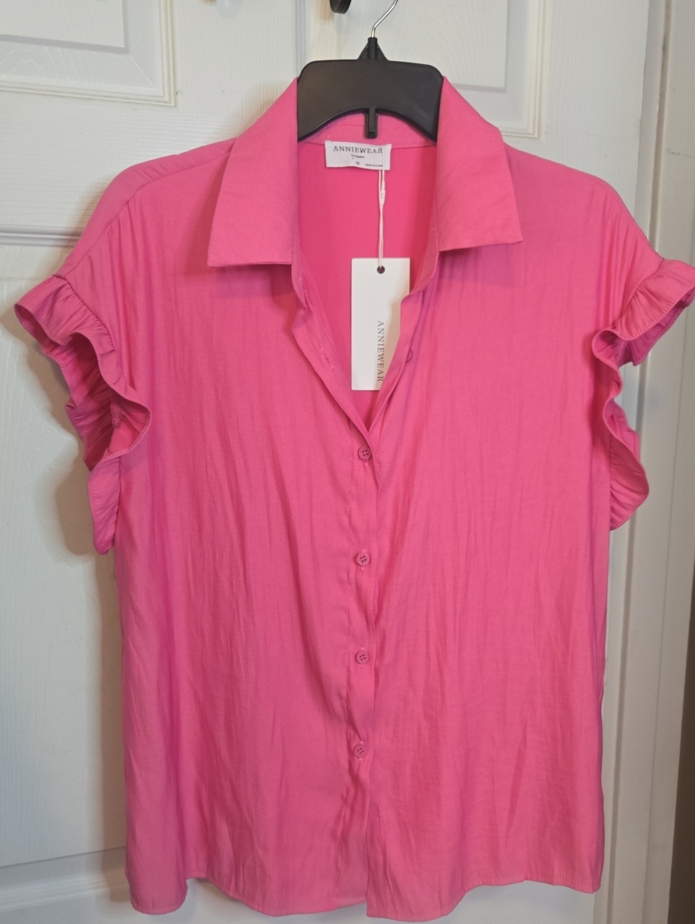 Annie Hot Pink Ruffle Sleeve Button-Front Blouse